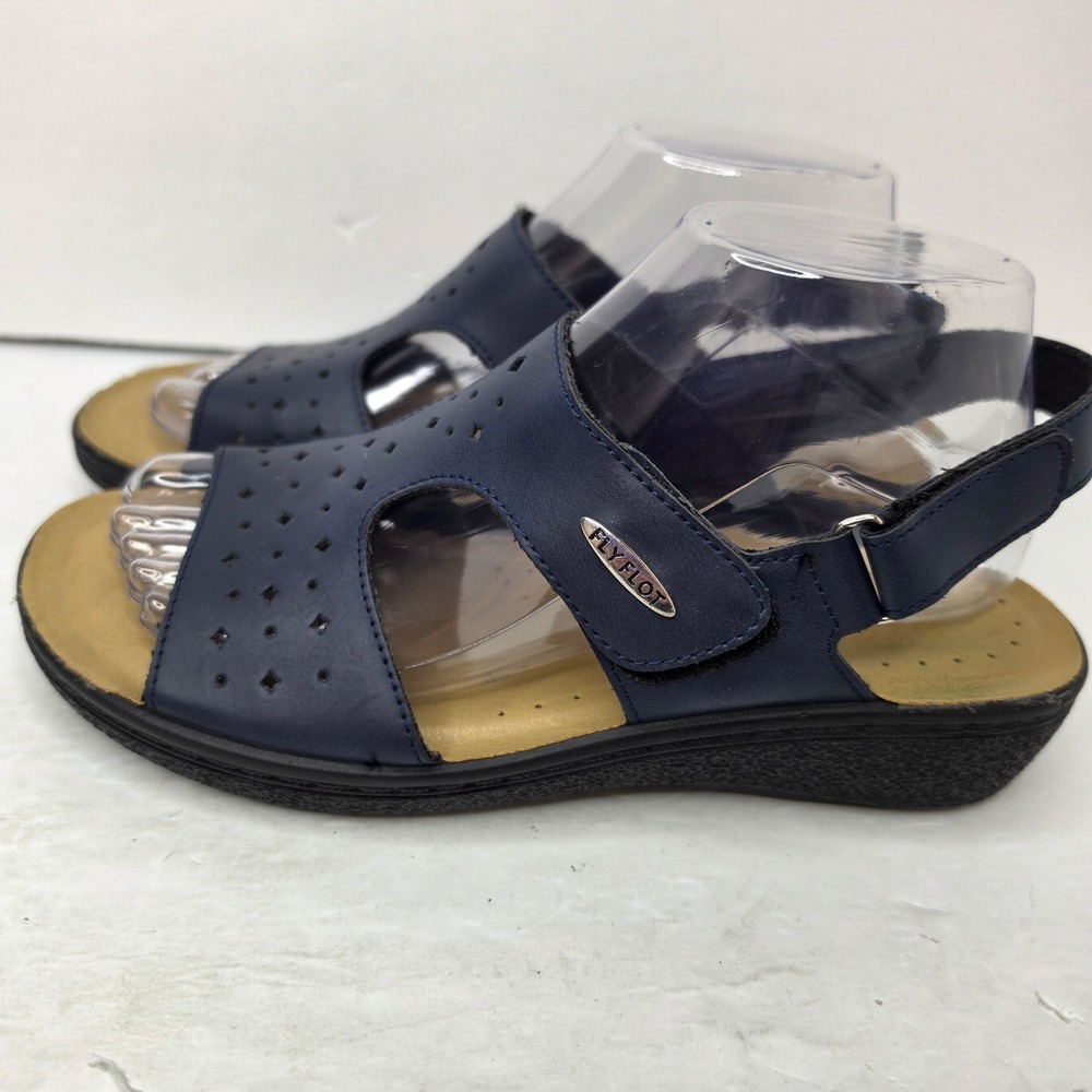 Fly Flot Slingback Sandals Women 39 Navy Blue Laser Cut Wedge Made in Italy